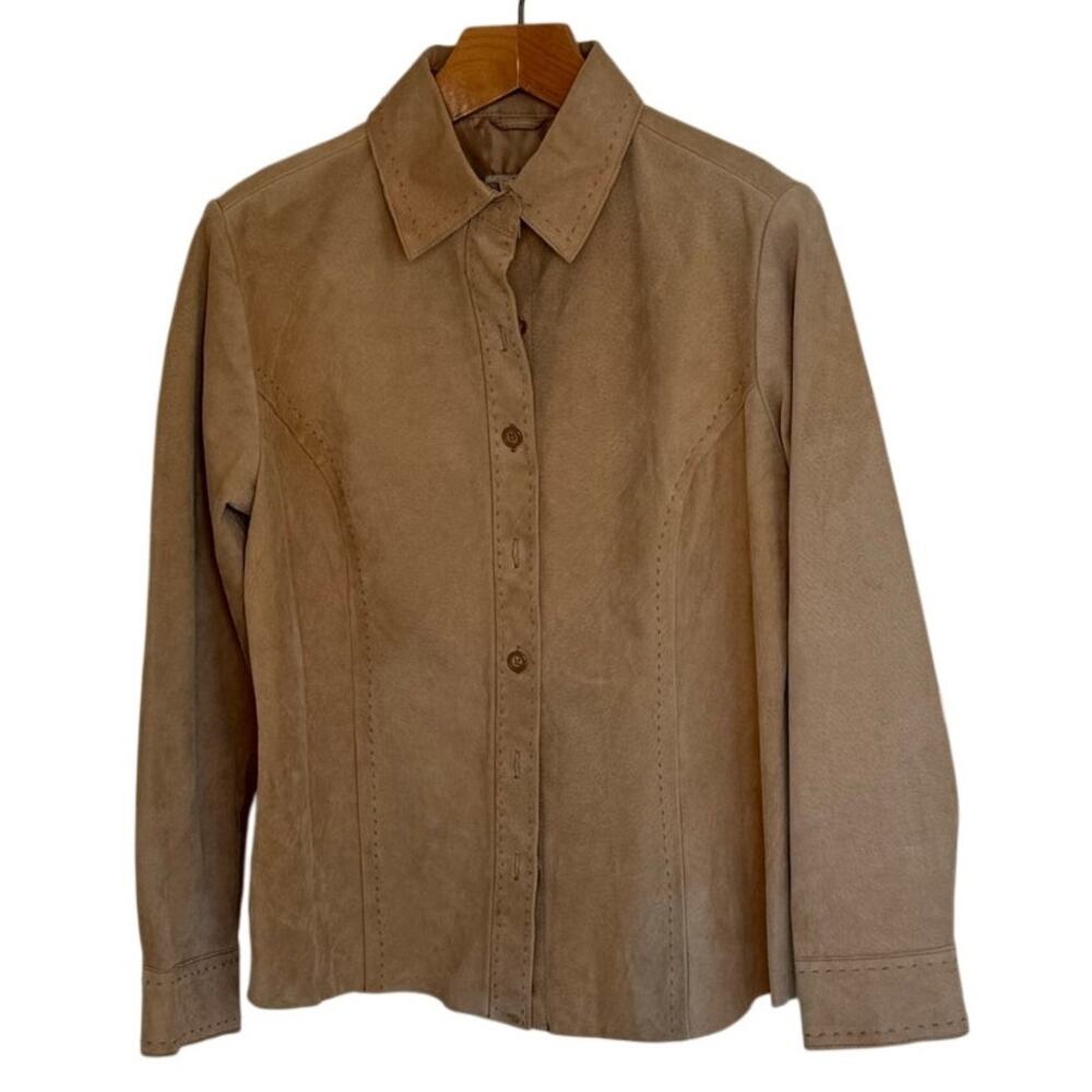 Cabela's Women's Suede Shirt Jacket Tan Button Front Stitch Detail M